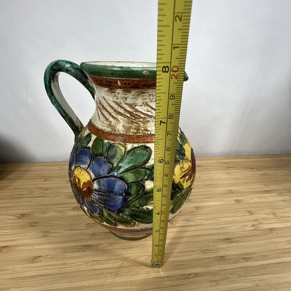 Vintage Italian Majolica Pottery Pitcher Floral Relief Vase Made In Italy VR/366